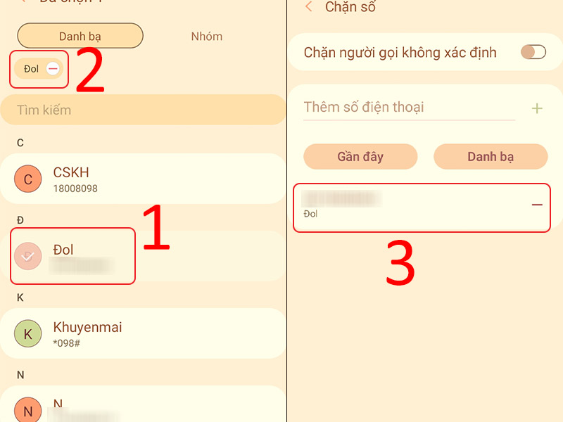 Chọn số cần chặn từ danh bạ
